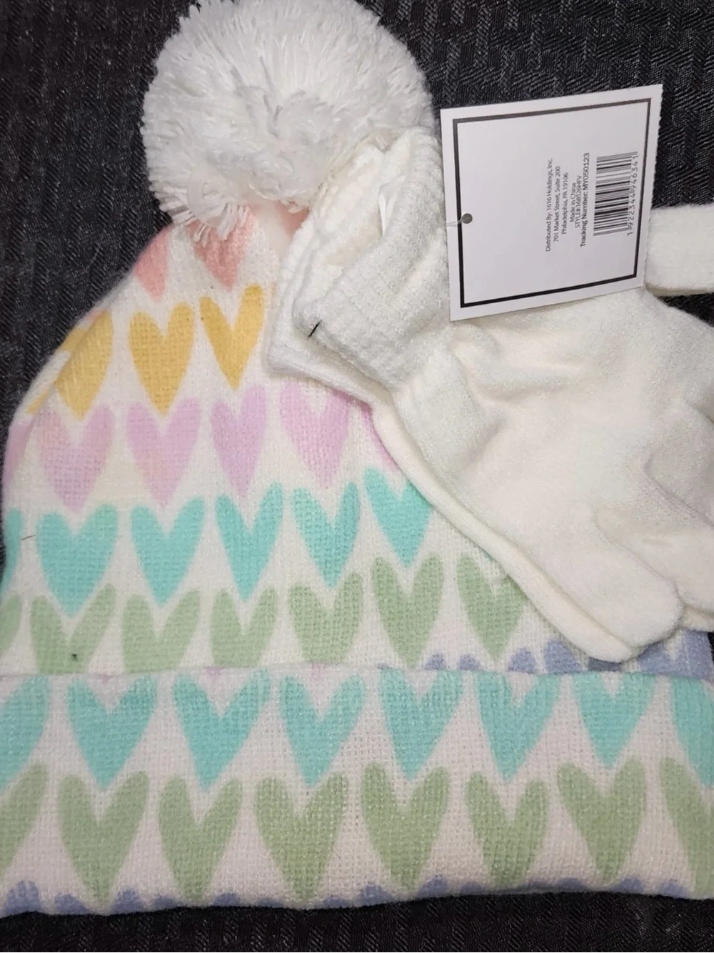 Kids Winter Pom Beanie Hat - Cream, Multicolor Heart, Teal